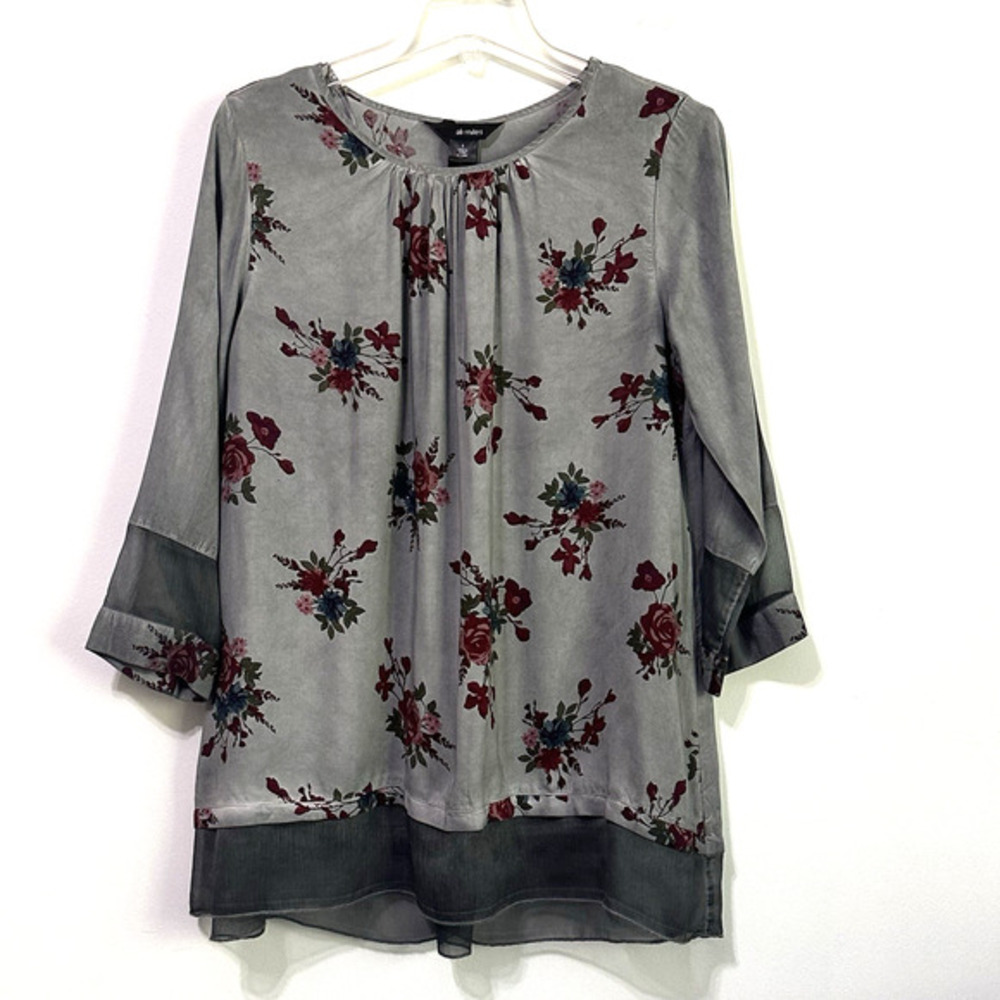 Ali Miles Top S Gray Floral Rose Embroidered Back Button Boho‎ Sheer Hem Party